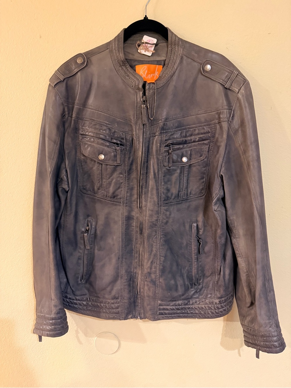 Blink Men's Slate Gray Leather Bomber Jacket Soft Pockets Lined size XL